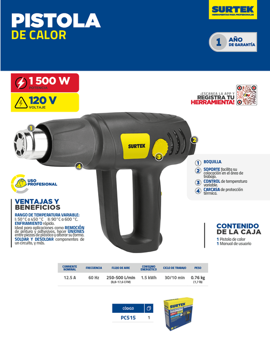 PISTOLA SURTEK PC515 DE CALOR 1500W 120V