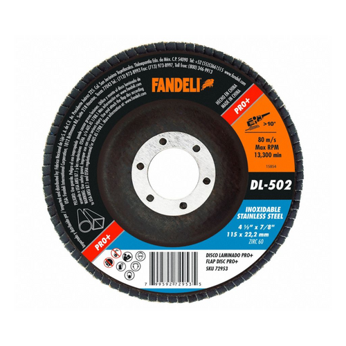 Disco laminado (flap) Fandeli DL-511 4-1/2 pulgadas grano Z-60 zirconia acero inoxidable
