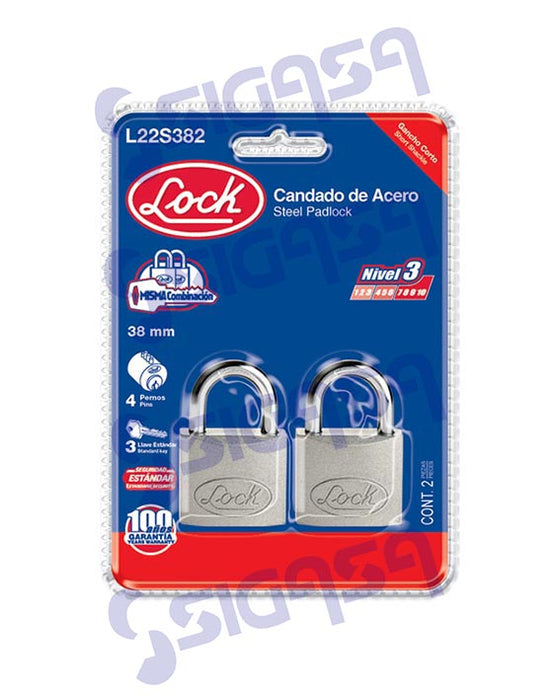 CANDADO LOCK L22S382 (PVL)ACERO 38mm STD CORTO GEMELOS