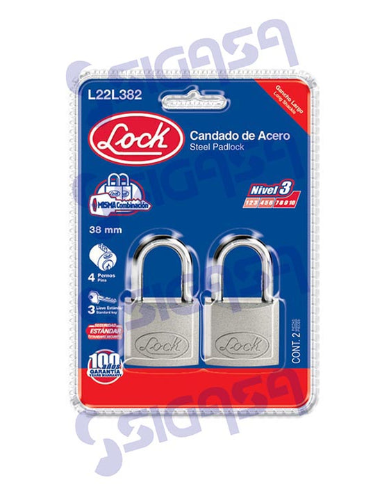 CANDADO LOCK L22L382 (PVL)ACERO 38mm STD LARGO GEMELOS