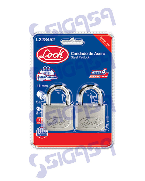 CANDADO LOCK L22S452 (PVL)ACERO 45mm STD CORTO GEMELOS