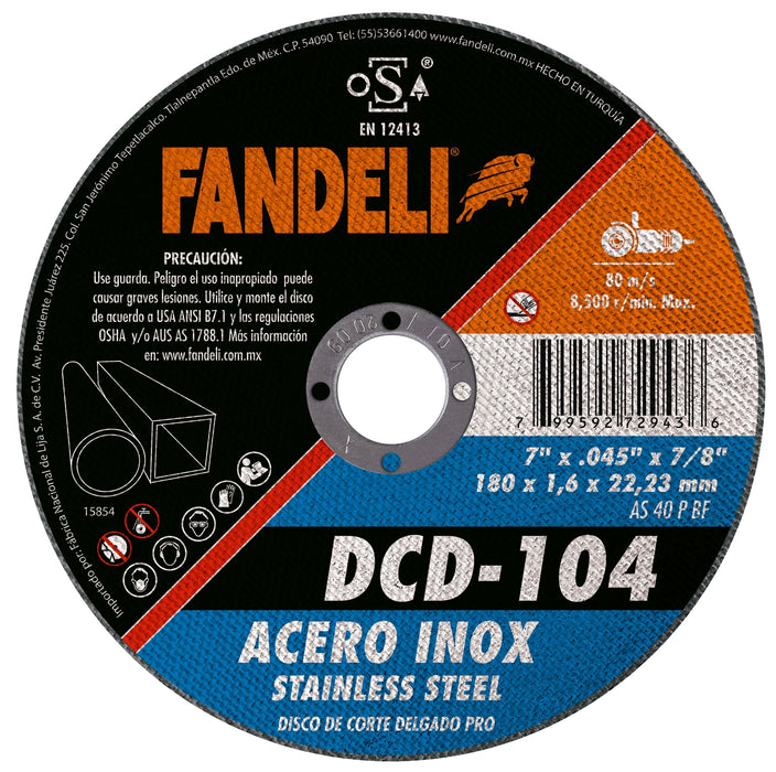 DISCO FANDELI DCD-104/72943 DE 7" PLANO CORTE INOX 180x1.6x22.2mm (2019) - SIGASA