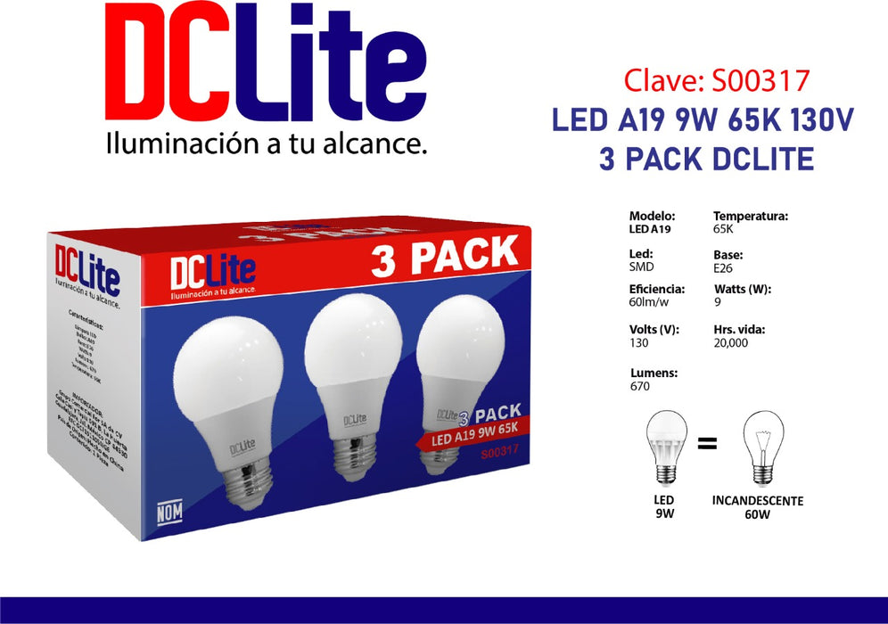 FOCO DCLITE PAQUETE 3 PIEZAS 9w 65k A19 130v 670lm S00317