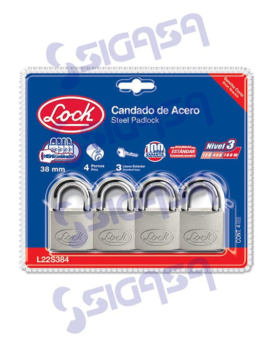 CANDADO LOCK L22S384 (PLV)ACERO 38mm STD CORTO C/4 PIEZAS IGUALADOS