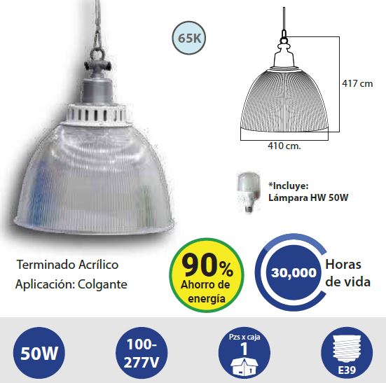 LUMINARIO SAGLITE CAMPANA ACRILICO 16" LED 50w 100-277v E39 S00628