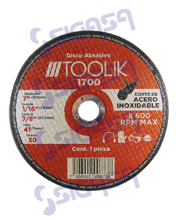 DISCO TOOLIK 1700 PLANO 7"x5/64x7/8 ACERO INOXIDABLE